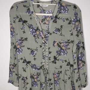 American Eagle Women’s M Floral Lace Up Tassel Peasant Boho Top Green Hippie